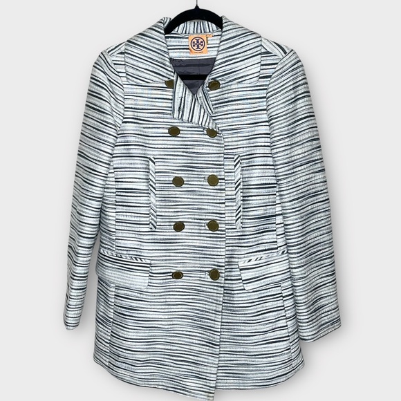 TORY BURCH gray & cream striped pea coat double breasted Mid Weight Size 4 - Picture 1 of 8